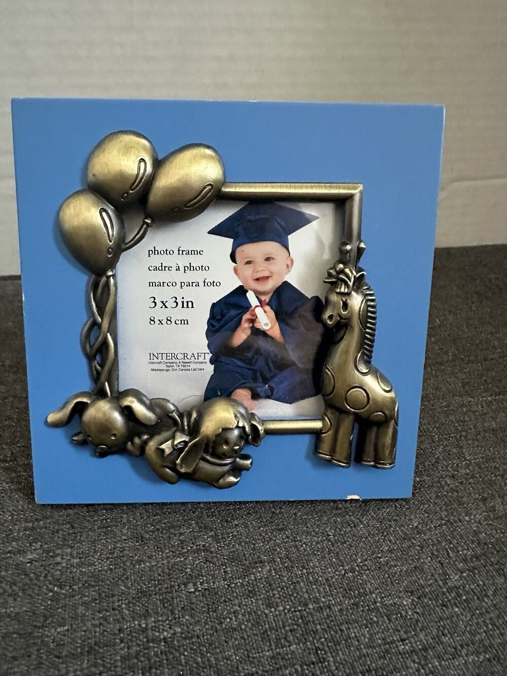 Intercraft Baby Graduation Photo Frame 3x3 Giraffe Bunny Balloons Brass Tone